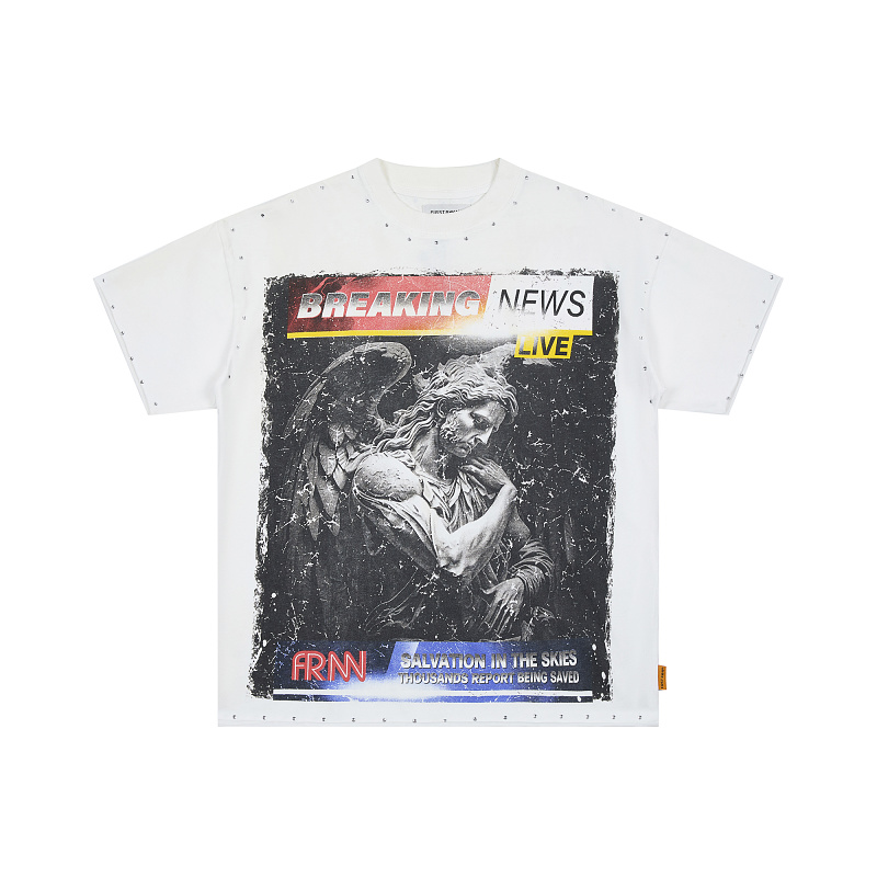 F520# P66 FIRST ROW Breaking News Salvation In The Skies Cropped Tee 2026欧美纯棉烫钻短袖T恤