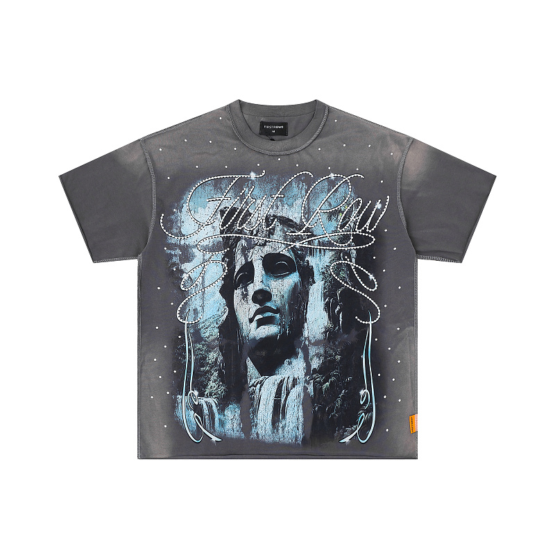 F513# P73 FIRST ROW LOST UTOPIA UNEARTH CROPPED TEE 白墨直喷透气烫钻短袖T恤