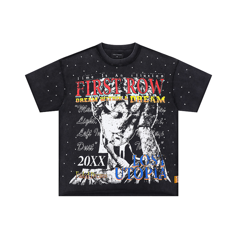 F515# P70 FIRST ROW LOST UTOPIA ILLUSION CROPPED TEE满幅烫钻街头时尚短袖T恤