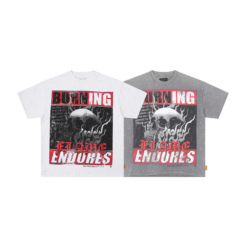 F506# P68(白色） P70(灰色) FIRST ROW BREAKING NEWS BURNING FLAMES CROPPED TEE时尚烫钻潮牌短袖
